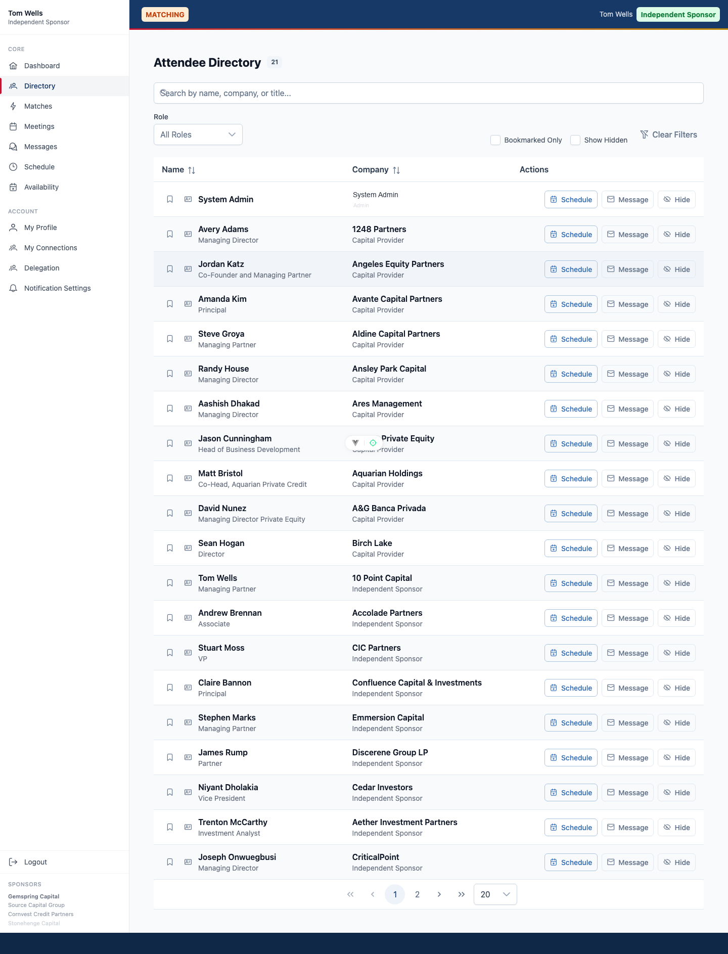 ConferenceDock attendee directory with role-based filtering