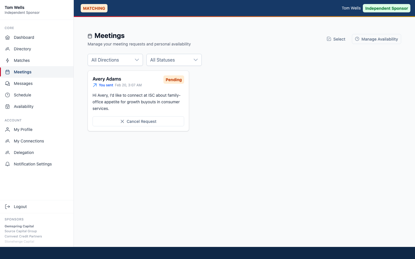 ConferenceDock meeting request workflow with status tracking